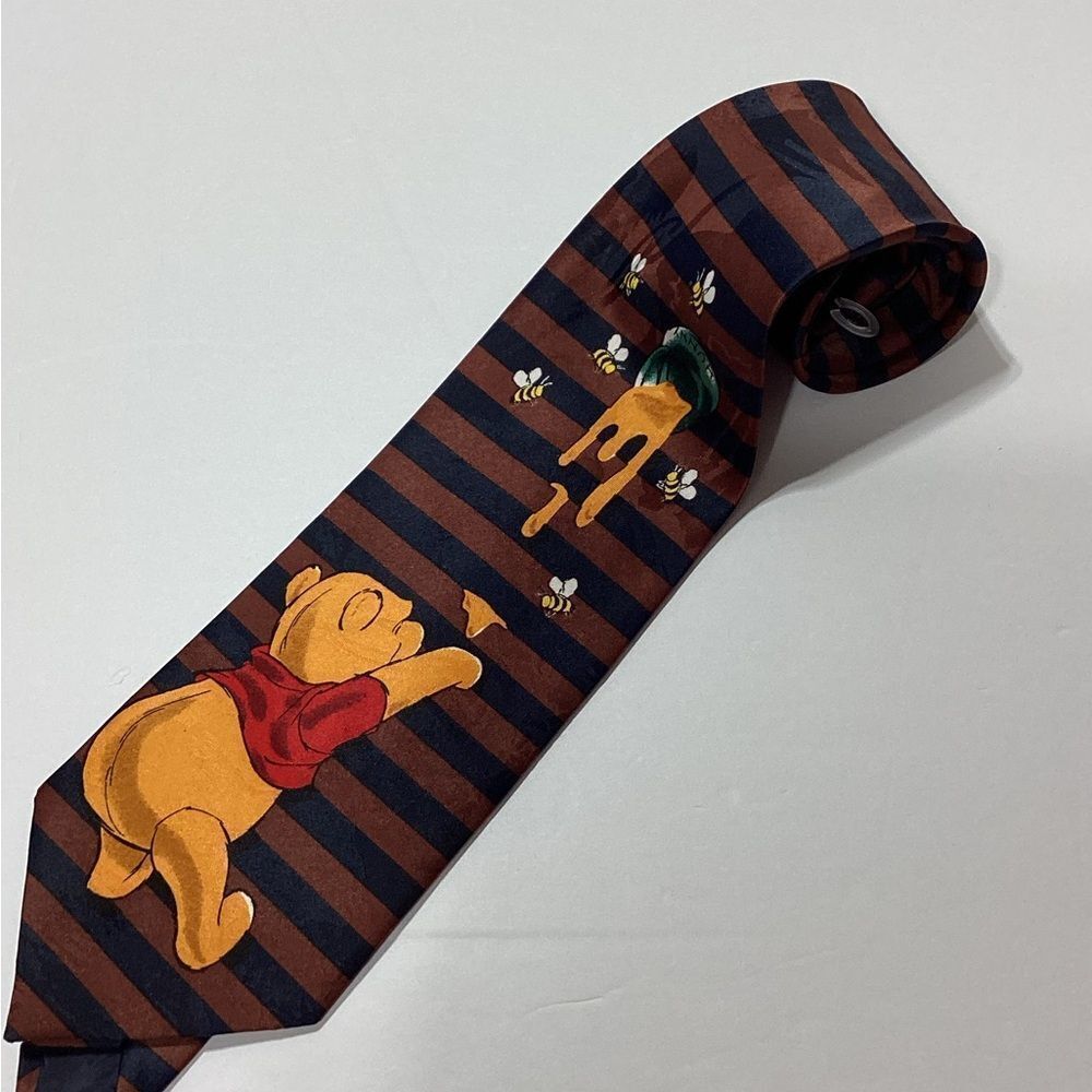 Winnie the Pooh Bear Striped Tie Honey Bees Navy Brown Stripe Print Classic